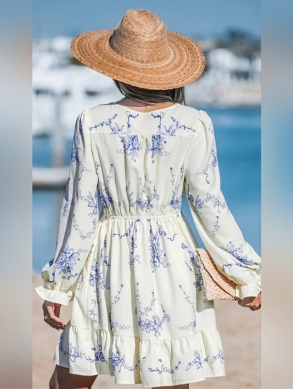Cupshe Boho Orchids Ruffuled Mini Dress, Blue & Cream - Picture 2 of 13